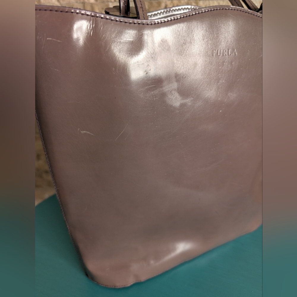 Vintage Furla Made In Italy Taupe Brown Patent Leather Tote Floral Accents image 3